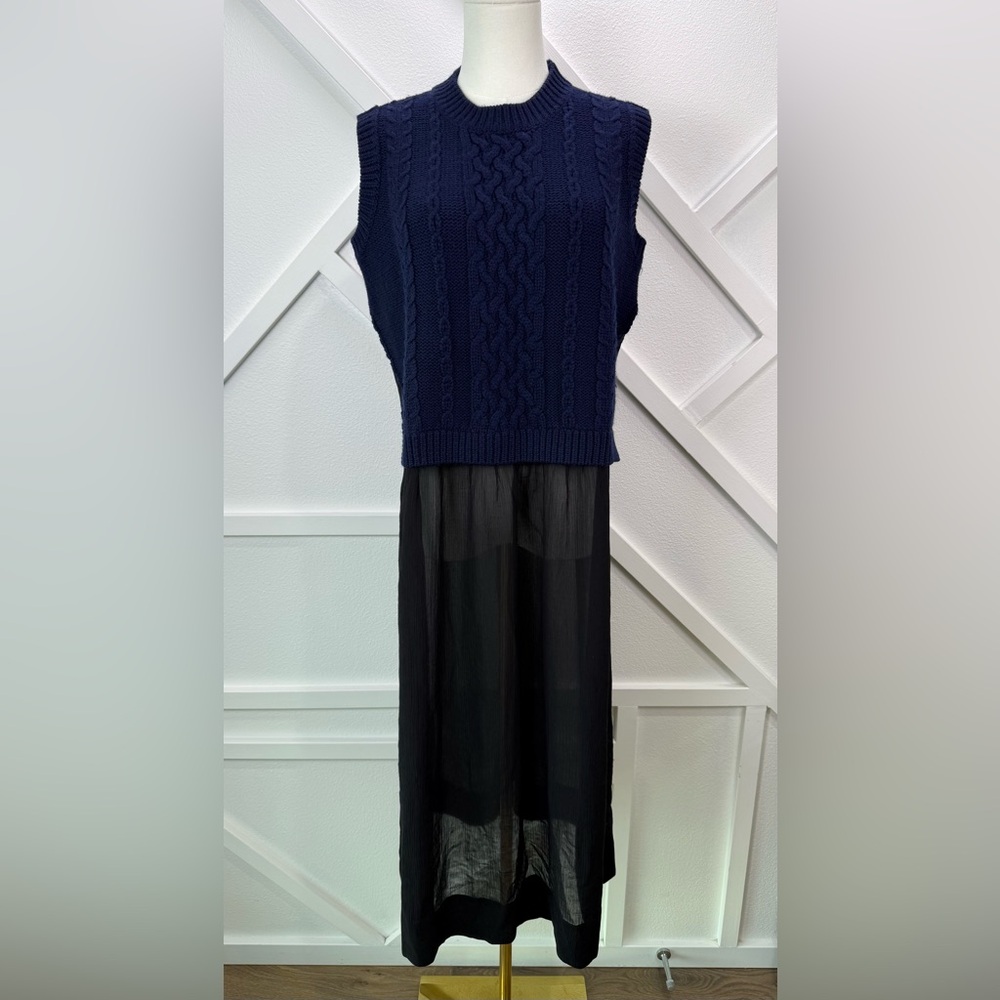NWT SEA New York Navy Cable Knit Wool Sweater Dress Black Silk Sheer Skirt Med